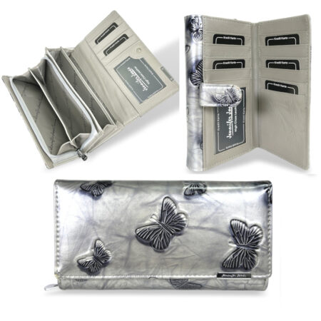Jennifer Jones Női Bőr Pénztárca 5199-14 Ezüst Pillangós - Nagy Méret - Extra Kártyatartóval