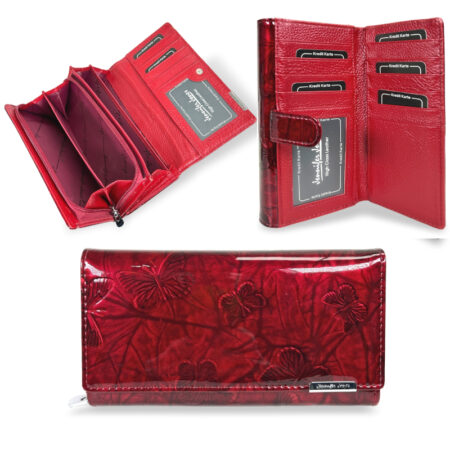 Jennifer Jones Női Bőr Pénztárca 5199-14 Piros Pillangós - Nagy Méret - Extra Kártyatartóval