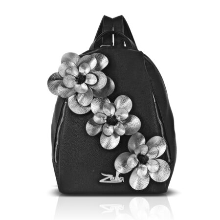 Zellia Női Hátizsák 24147F Fekete-Ezüst - Bari - Virág Dísszel -