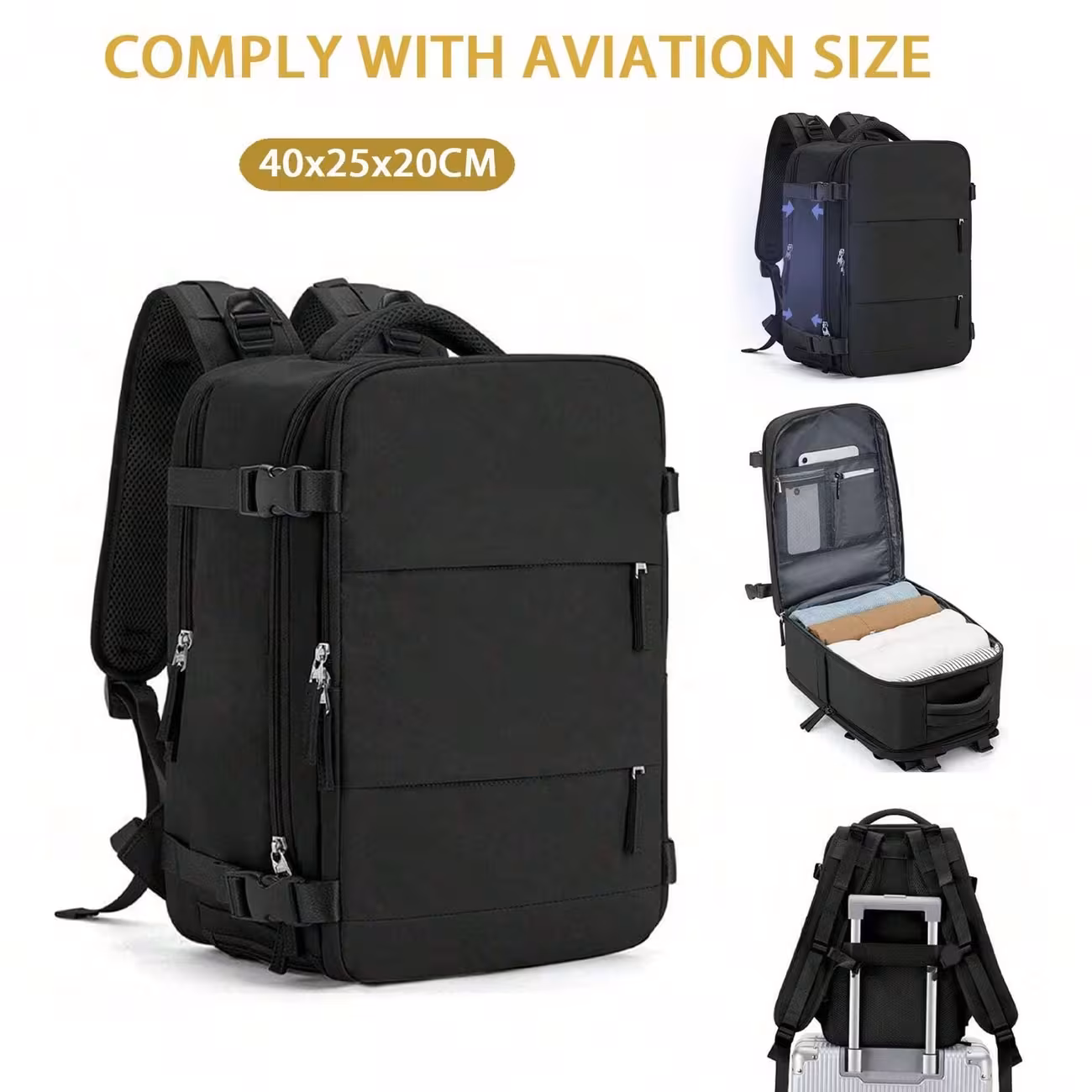 Monvia Utazó Hátizsák- VXM3W3Q5G6- Fekete - 40 x 25 x 20-30 cm-