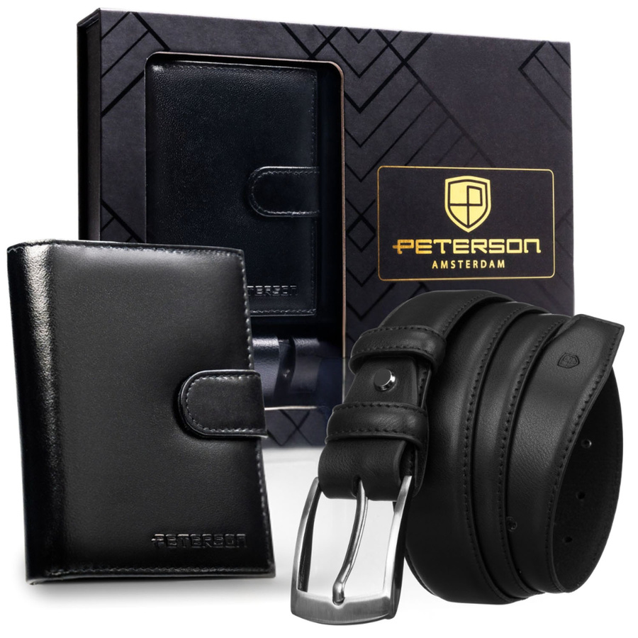 Peterson Férfi Bőr Szett Pénztárca & Automata Őv PTN N4L-NGV-125-BW- Fekete