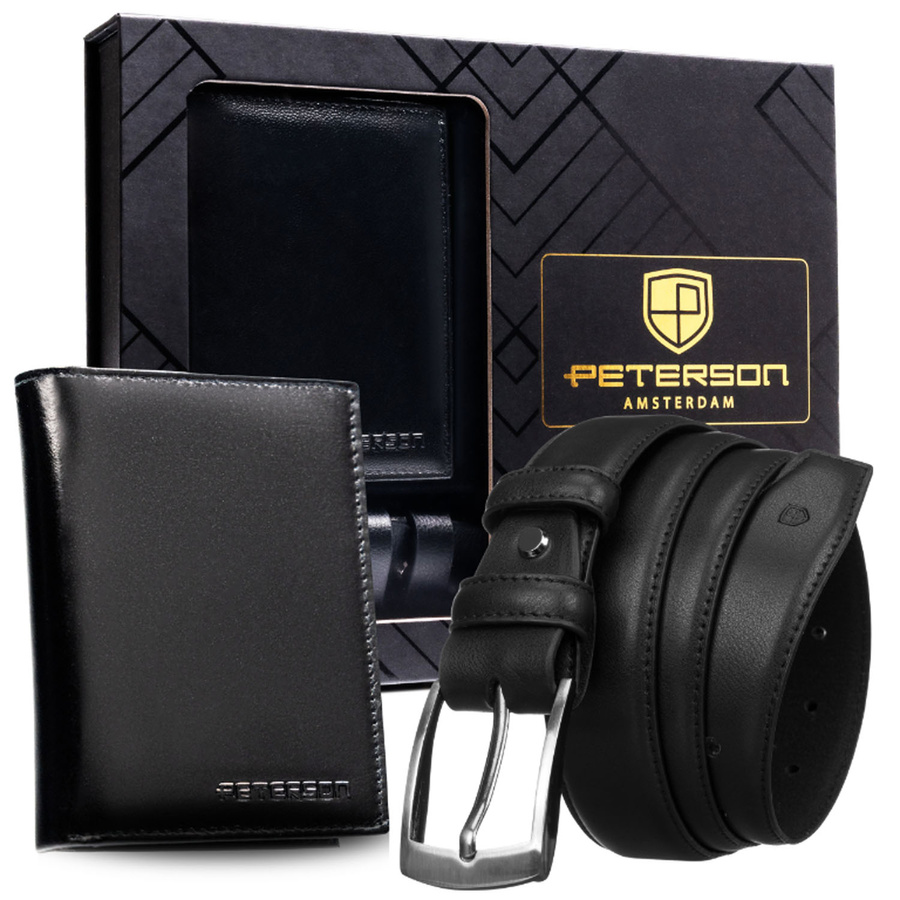 Peterson Férfi Bőr Szett Pénztárca & Automata Őv -PTN N4-NGV-125-BW- Fekete
