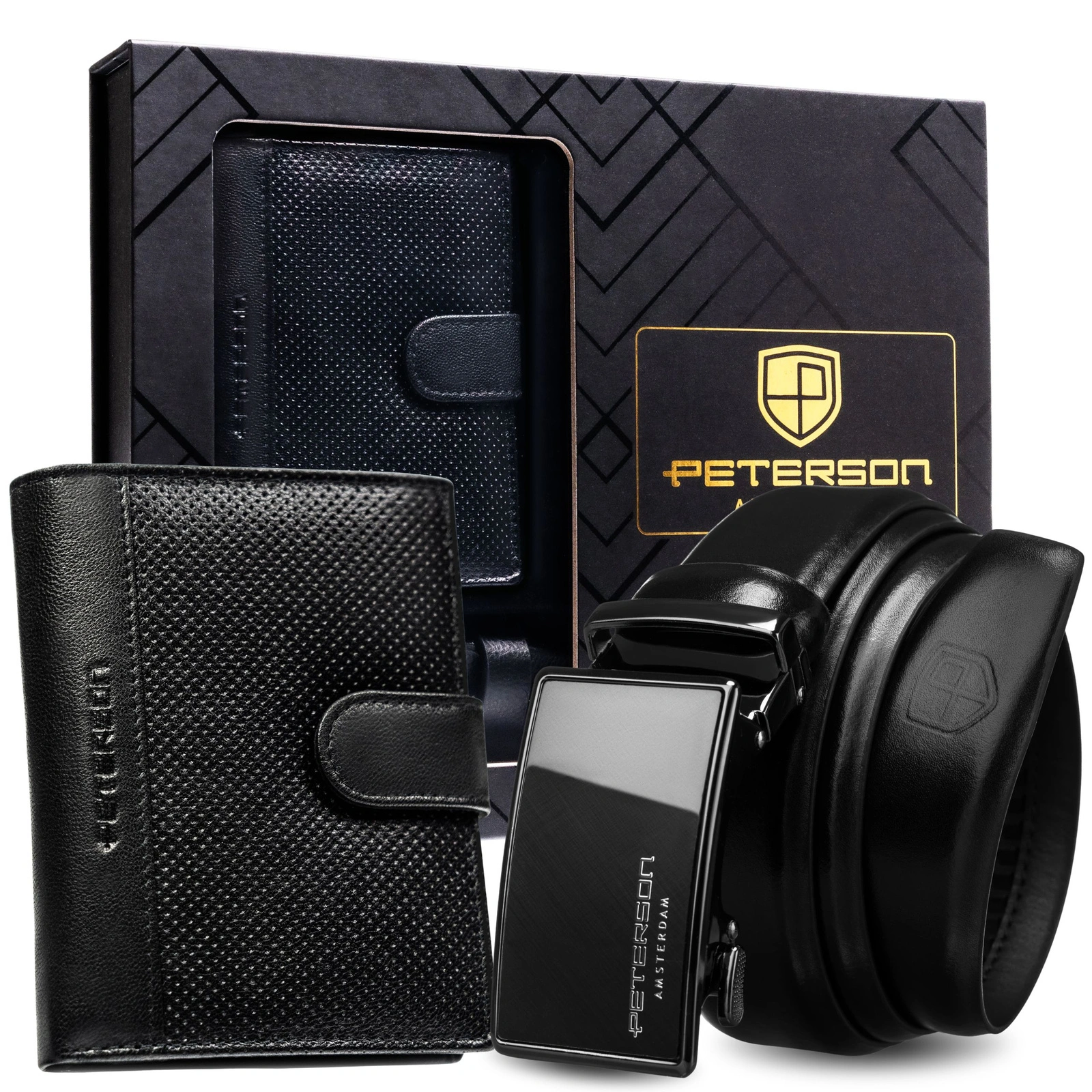 Peterson Férfi Bőr Szett Pénztárca & Automata Őv -PTN N4L-125-D03-BW- Fekete